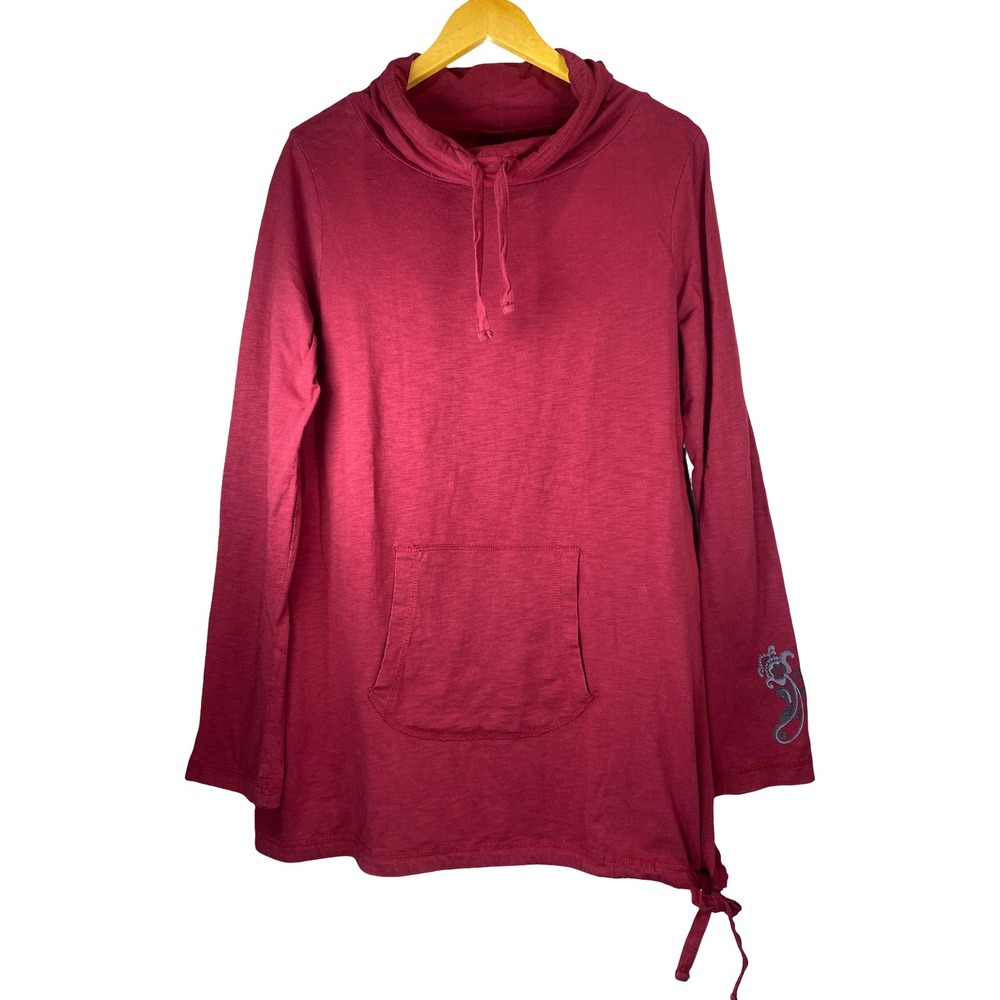 Prana Womens XL Cowl Neck Long Tunic Organic Cotton L/S Kangaroo Pocket Tee Red